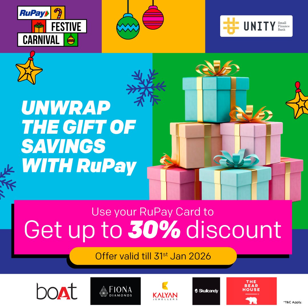 Brighten your festivities with up to 30% off using your Unity Bank RuPay Card!

Offer valid till 31st Jan 2025. For more offers, please visit the Bank’s website under the Debit Card section >>> Offers &amp; Rewards