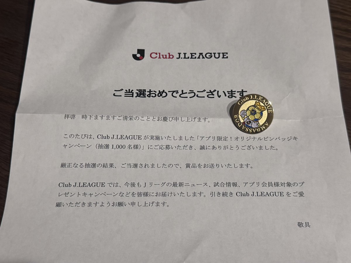 Jリーグさんありがとう！！ 1000名限定のオリジナルピンバッチ当選しま