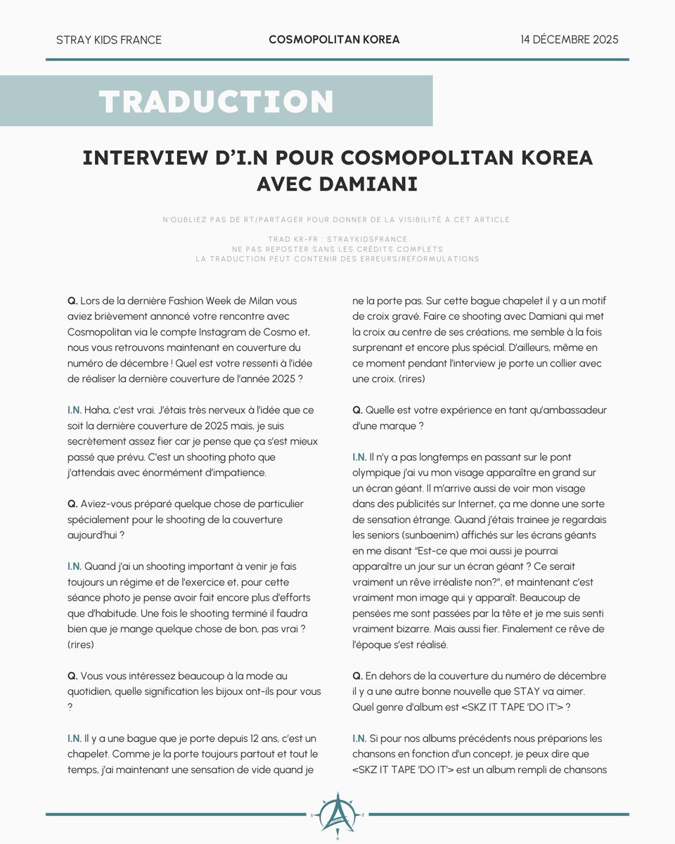 StrayKidsFrance's tweet image. 📰 141225 Traduction Magazine

Interview de #I_N pour Cosmopolitan Korea

🔗 Retrouvez la traduction de cette interview sur notre site internet : straykidsfrance.com/cosmopolitan-k…

#StrayKids #스트레이키즈 
@Stray_Kids