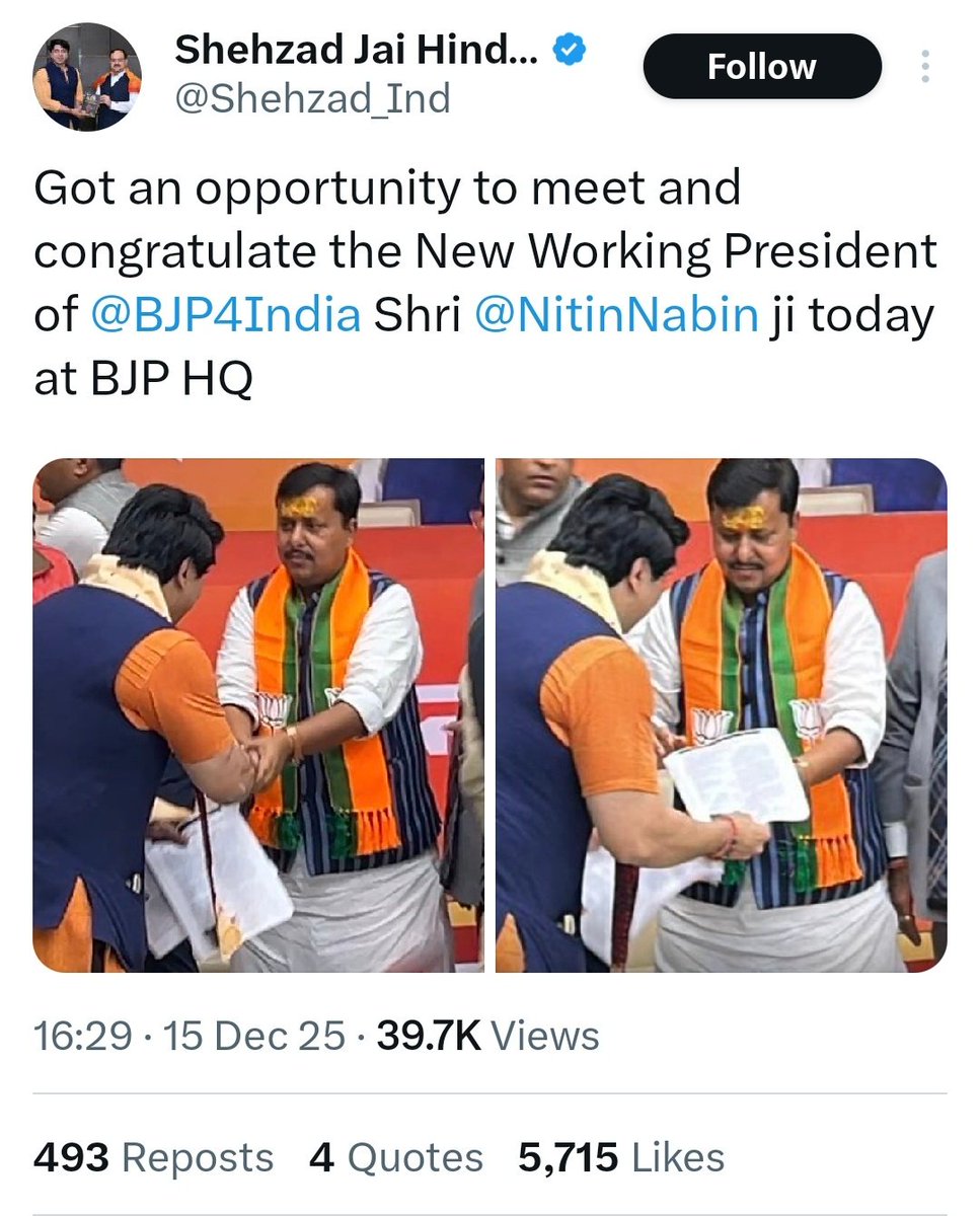 Shahzada poonawala wanted to contest the election for the post of congress party president. After quiting, alleged that Congress selects not elects. He is now seen congratulating selected BJP working President.