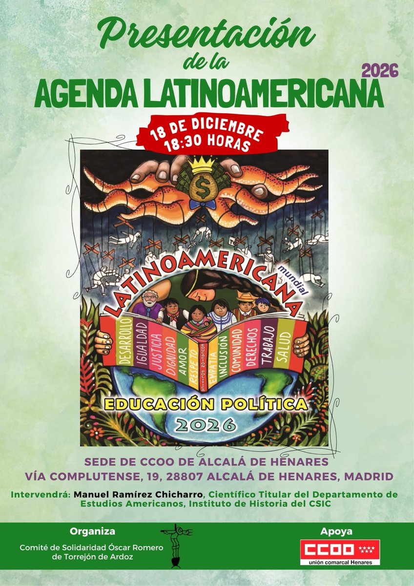 Os esperamos este jueves en la presentación de la Agenda Latinoamericana 2026, organizada por el Comité Óscar Romero de Torrejón de Ardoz.

🗓️ Jueves 18, 18:30h
📍 CCOO Alcalá (Vía Complutense 19)