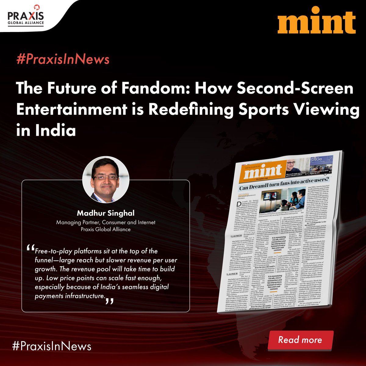 India’s sports fandom is changing 📱
Second-screen platforms are making sports interactive.

As Madhur Singhal told Mint:
“Free-to-play drives reach; revenue will scale over time.”

Creators, engagement &amp; habits will decide success.

#PraxisInsights #SportsEconomy #FanEngagement