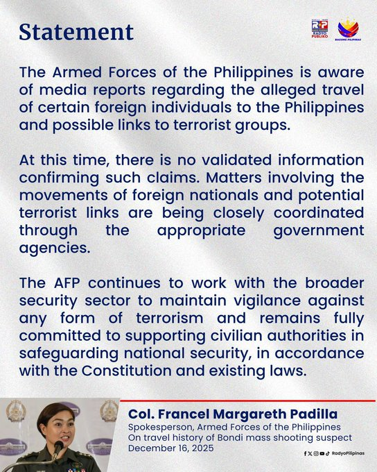 ferozwala's tweet image. #Breaking 
Statement of Armed Forces of the #Philippines:   Spokesperson, Col. Francel Margareth #Padilla, regarding certain individuals in the Bondi Beach shooting in Sydney, #Australia.
#Bondi_Beach #Sydney 
x.com/ferozwala/stat…
