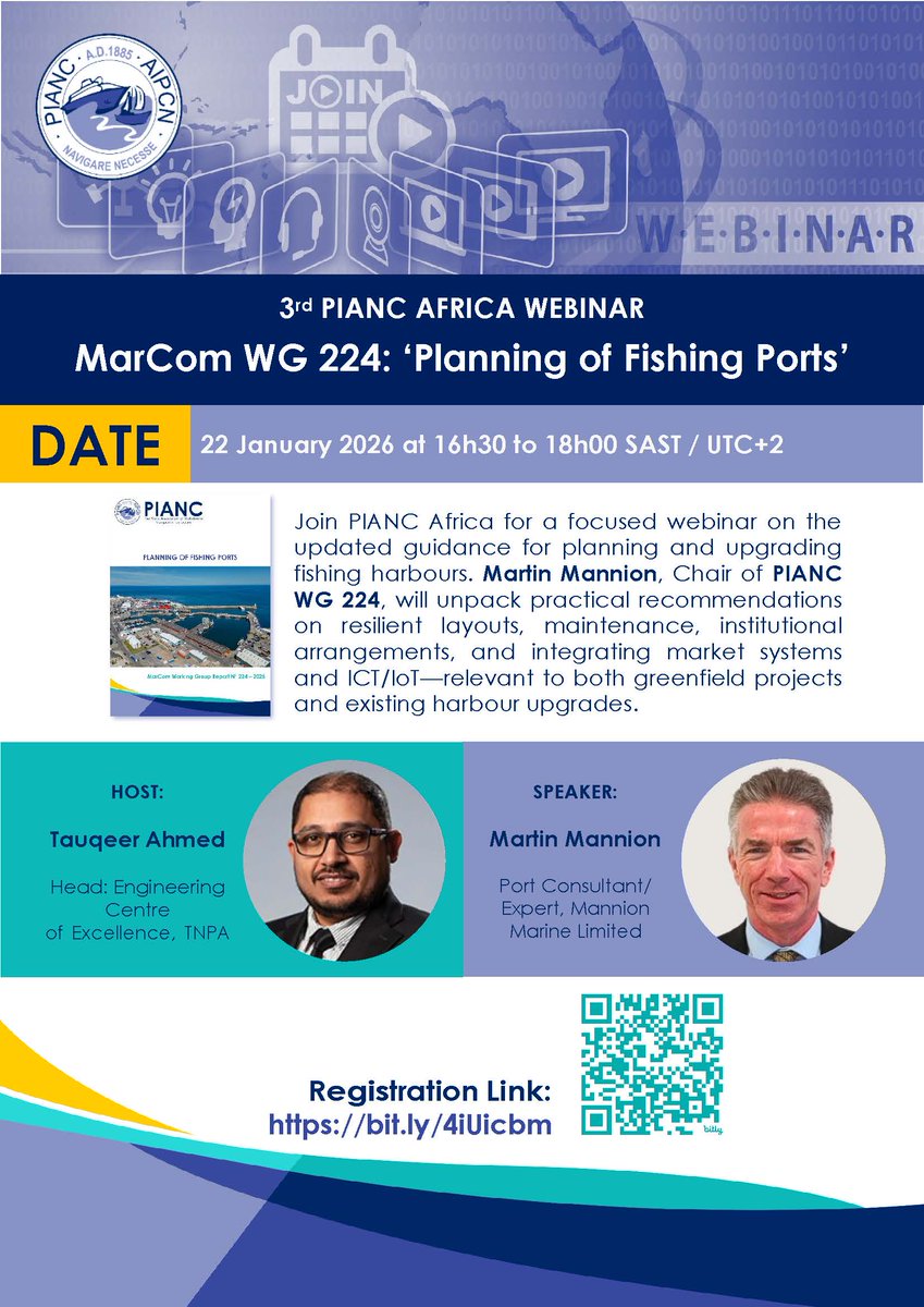PIANC1's tweet image. Join PIANC Africa for a focused webinar on the updated guidance for planning and upgrading fishing harbours. 

📆 22 January 2026
⏰ 16:30-18:00 (UTC+2)
🔗 Register via bit.ly/4iUicbm

#pianc #webinar