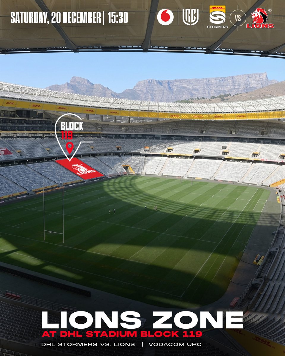 LionsRugbyCo's tweet image. Block 119 is ours. 🔴🦁
Lions fans, get your tickets to the exclusive Lions section at DHL Stadium this Saturday vs @THESTORMERS . 
 
🎟️: bit.ly/3KY8AQm
 
@Vodacom #URC | #ForOurCity | #STOvLIO
 #LionsPride🦁