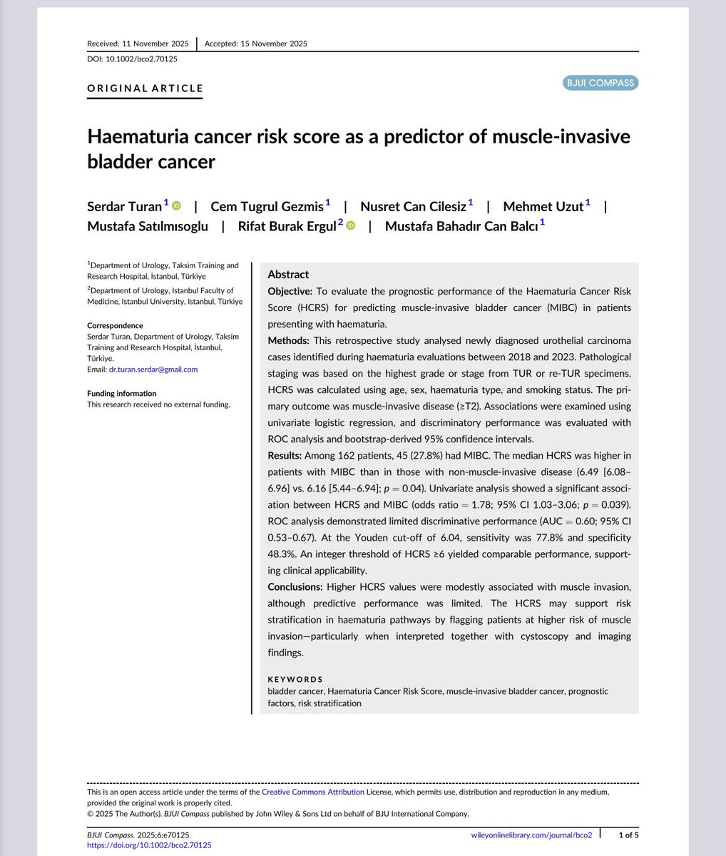 md_serdarturan's tweet photo. 📢 New publication in @BJUICompass 

We evaluated the prognostic performance of the Haematuria Cancer Risk Score for predicting muscle-invasive bladder cancer #MIBC

🔑 Key Findings:

Higher HCRS is associated with muscle invasion (OR 1.78).

Sensitivity of 77.8% at cut-off >6.04 https://t.co/hJVRfminSV