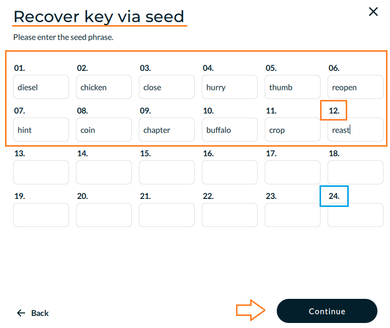 MatheyBTC's tweet photo. 🚀 #Nunchuk dejo ciertas mejoras para tomar en cuenta.
1) aclarar y/o diferenciar que se pueden recuperar/importar 12/24 palabras
-> en el campo para completar con palabras (Recover Exisiting Seed) te muestra 24, lo cual no es intuitivo saber que es posible solo tomar 12.
2) Importar una xpub/zpub/tpub, tanto desde hardware como software.
-> Aplicado a wallet (Miniscript), no veo una opción directa de lláve publica.
@nunchuk_io #Wallet