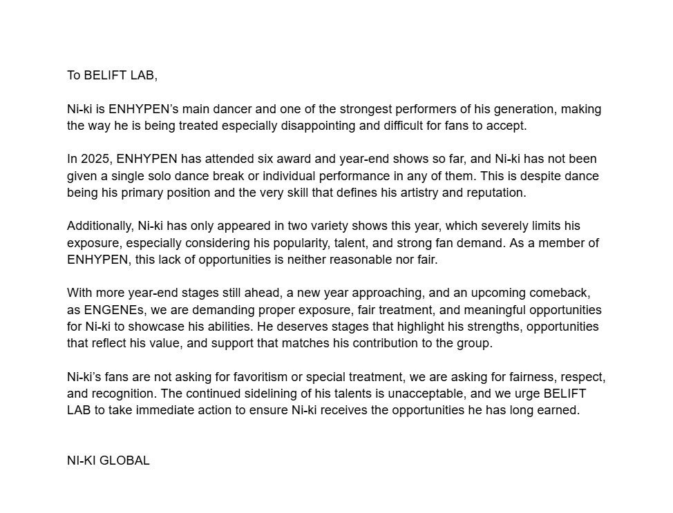 The continued sidelining of Ni-ki’s talents is unacceptable. We urge <a href="/BELIFTLAB/">BELIFT LAB</a> to ensure proper exposure, fair treatment, and meaningful opportunities for Ni-ki to showcase his talents and abilities. 

NI-KI DESERVES BETTER
#RESPECTNI_KI #DoBetterBELIFT