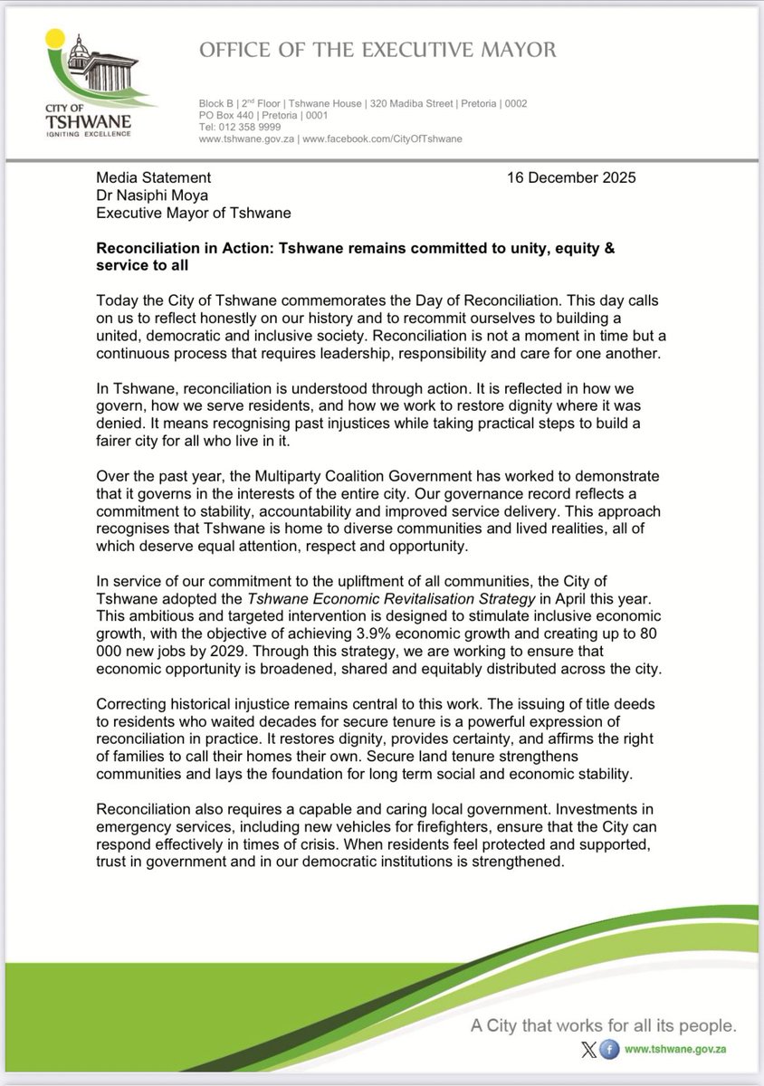 nasiphim's tweet photo. Day of Reconciliation: Tshwane remains committed to unity, equality and services for all. @CityTshwane https://t.co/1JBG0puTfO