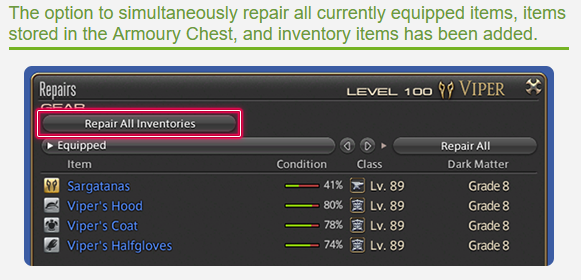 shinamatrix's tweet photo. Holy crap, why did it take this long to implement this button! It might have made sense in early game when you're a poor adventurer and had to be frugal with what to repair, but endgame economy and inflation shows just how flush with cash everyone is eventually. #FFXIV https://t.co/RqlDKZFbMR