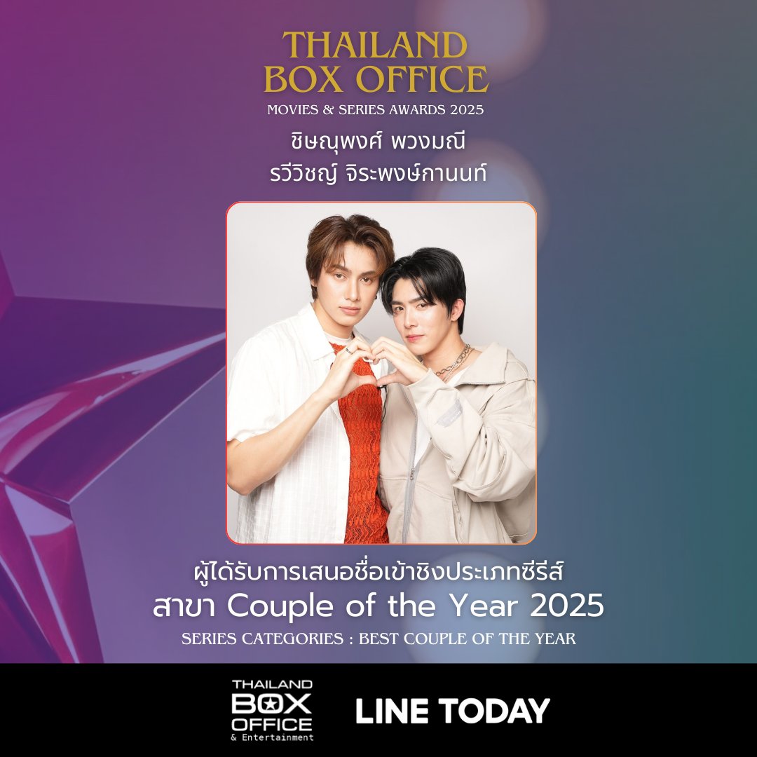 thaiboxoffice's tweet photo. สมาร์ท - ชิษณุพงศ์ พวงมณี
บูม - รวีวิชญ์ จิระพงษ์กานนท์

ผู้ได้รับการเสนอชื่อเข้าชิง Thailand Box Office Awards 2025 
คู่นักแสดงแห่งปี  (Couple of the Year - Best Couple)

1. LINE VOTE (สัดส่วน 30%) โหวตฟรี! ไม่เสียค่าใช้จ่าย
กดโหวตเลย: https://t.co/QZX3BIfvwZ (โหวตได้วันละ 1 ครั้ง / สาขา)

2. WEB VOTE (สัดส่วน 50%) เข้าสู่ระบบและโหวต:
https://t.co/TcXCMsK7zY

3. REVIEW SCORE (สัดส่วน 10%) สำหรับสมาชิก TBO Member  เขียนรีวิววิจารณ์หนังสะสมคะแนน:
https://t.co/Lf716fROvW

ระยะเวลาโหวต: วันนี้ - 15 มกราคม 2569

#ThailandBoxOfficeAwards2025 #ThailandBoxOffice