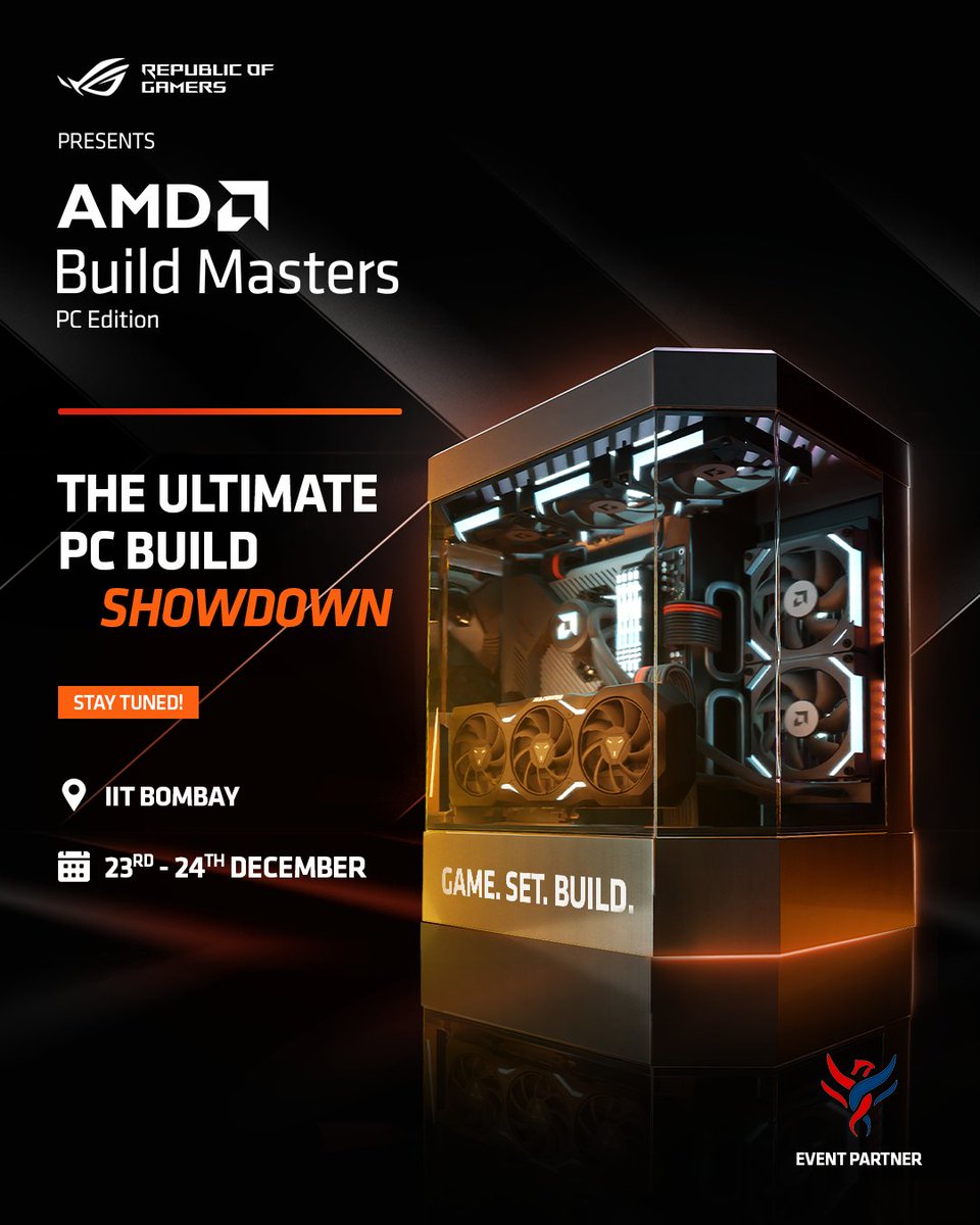 AMDIndia's tweet photo. The ultimate PC build battle is coming to IIT Bombay ⚡
AMD Build Masters, powered by ASUS, lands 23–24 Dec with big challenges & a killer prize pool. Stay tuned & get ready to build! 🔧🔥
@iitbombay @ASUSIndia @ASUS_ROG_IN
#AMD #AMDIndia #AMDBuildMasters #Ryzen #Radeon #PCBuil