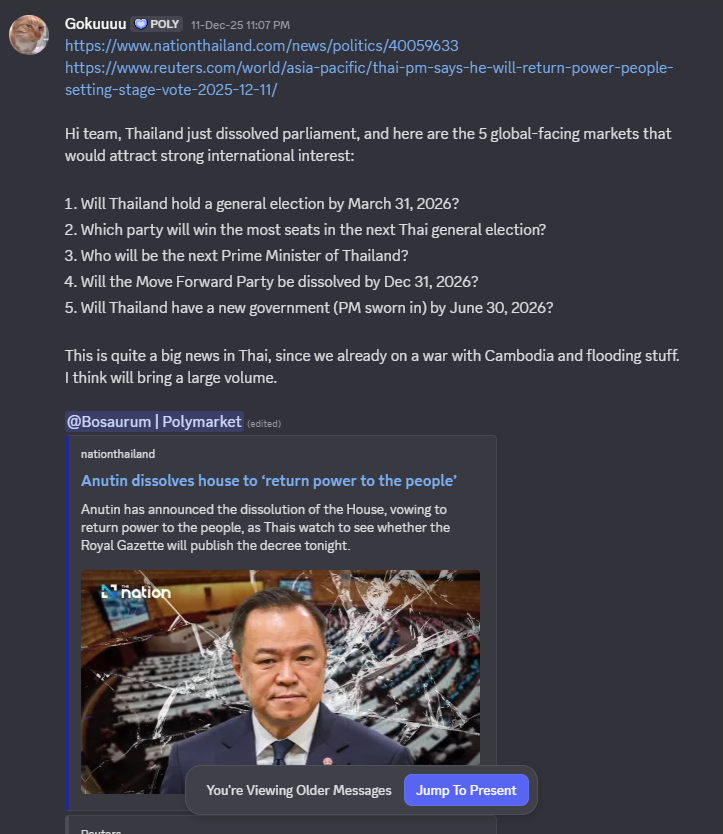 สัปดาห์ก่อนผมมีไปโพสรีเควสขอ market หลังจากที่ยุบสภา เกี่ยวกับการเลือกตั้งในอนาคตบน Discord Polymarket แล้ววันนี้สรุปว่าทีมแอดให้จริง 3 จาก 5 อัน 

ตลาดสำหรับคนไทยแบบเรา มี edge ก็ไปเล่นกันด้วยนะครับ

last week I posted 5 requests for new markets in the Polymarket Discord. Today