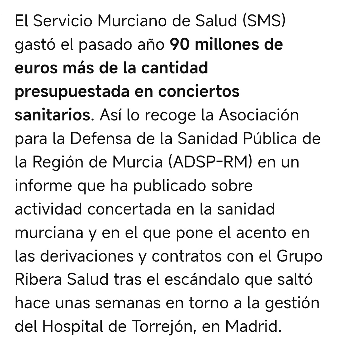 El Servicio Murciano de Salud (<a href="/Murciasalud/">Murciasalud</a>) gastó el pasado 90 millones de € más de la cantidad presupuestada en conciertos sanitarios. laopiniondemurcia.es/comunidad/2025… <a href="/diariolaopinion/">La Opinión de Murcia</a>
<a href="/agarmsmiles/">Ana García</a>