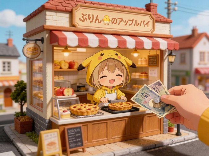 ミニチュア街の名店
ぷりん：いらっしゃぁいませ
アップルパイください
ぶりん：は〜いいまごよういしますねぇ
美味しそうです
ぷりん：ひゃぁぁありがとう

ぷりんピヨりミニチュアぷりんちゃん
ぷりんのち