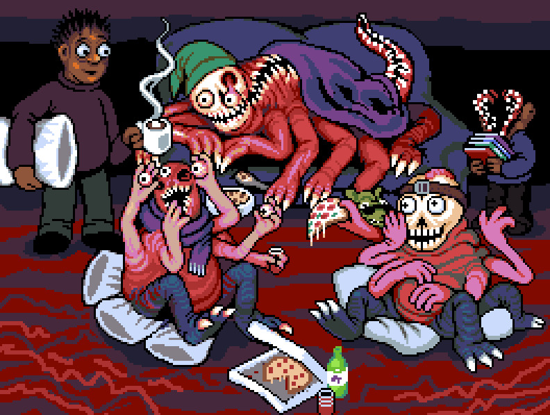 FrancisCoulombe's tweet photo. A cozy little scene inspired by one of the questions on the AMA!  Drew this as thanks to one of Look Outsides' playtesters who didn't want any money for testing! https://t.co/NxLpxSBm6r