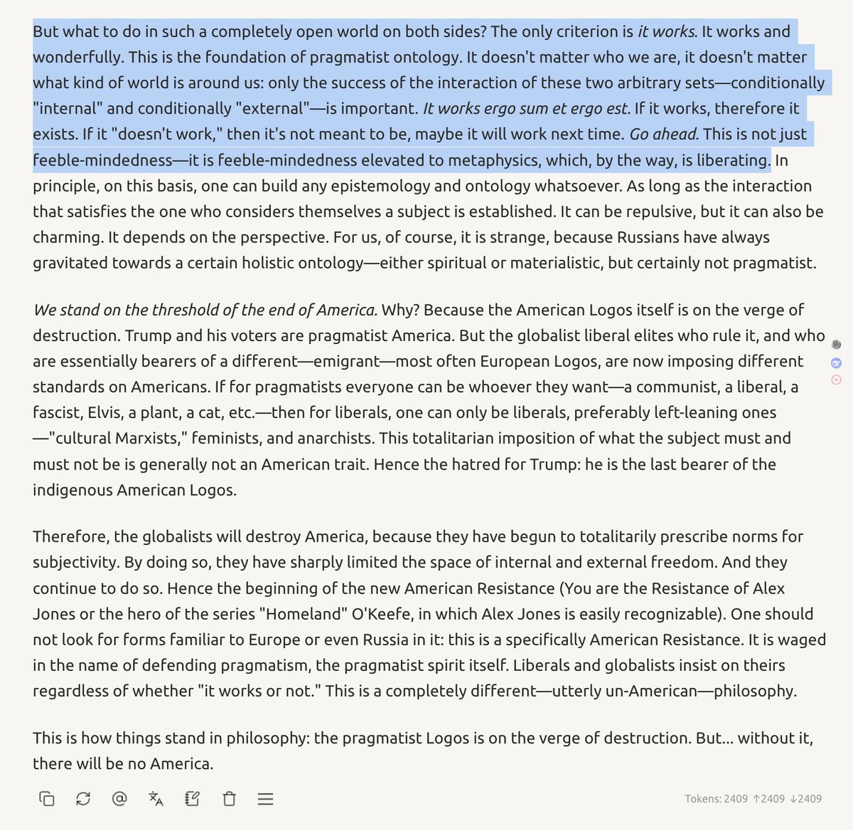 Dugin tiene una nota hilarante sobre la filosofía estadounidense del «pragmatismo», tal como él la entiende (utilitarist