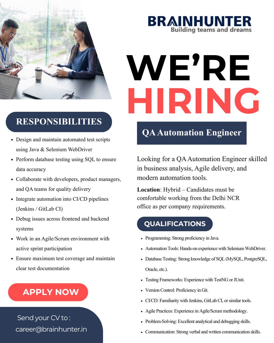 Brainhunter_in's tweet photo. 🚀 We’re Hiring: #QAAutomationEngineer (5+ Years)
Join Ohara IT Solutions Pvt Ltd in Delhi NCR (Hybrid).
Work on Java, Selenium, SQL, and CI/CD-driven automation in a strong engineering culture.
Share Your CV: career@brainhunter.in https://t.co/qLVYzXNP5u