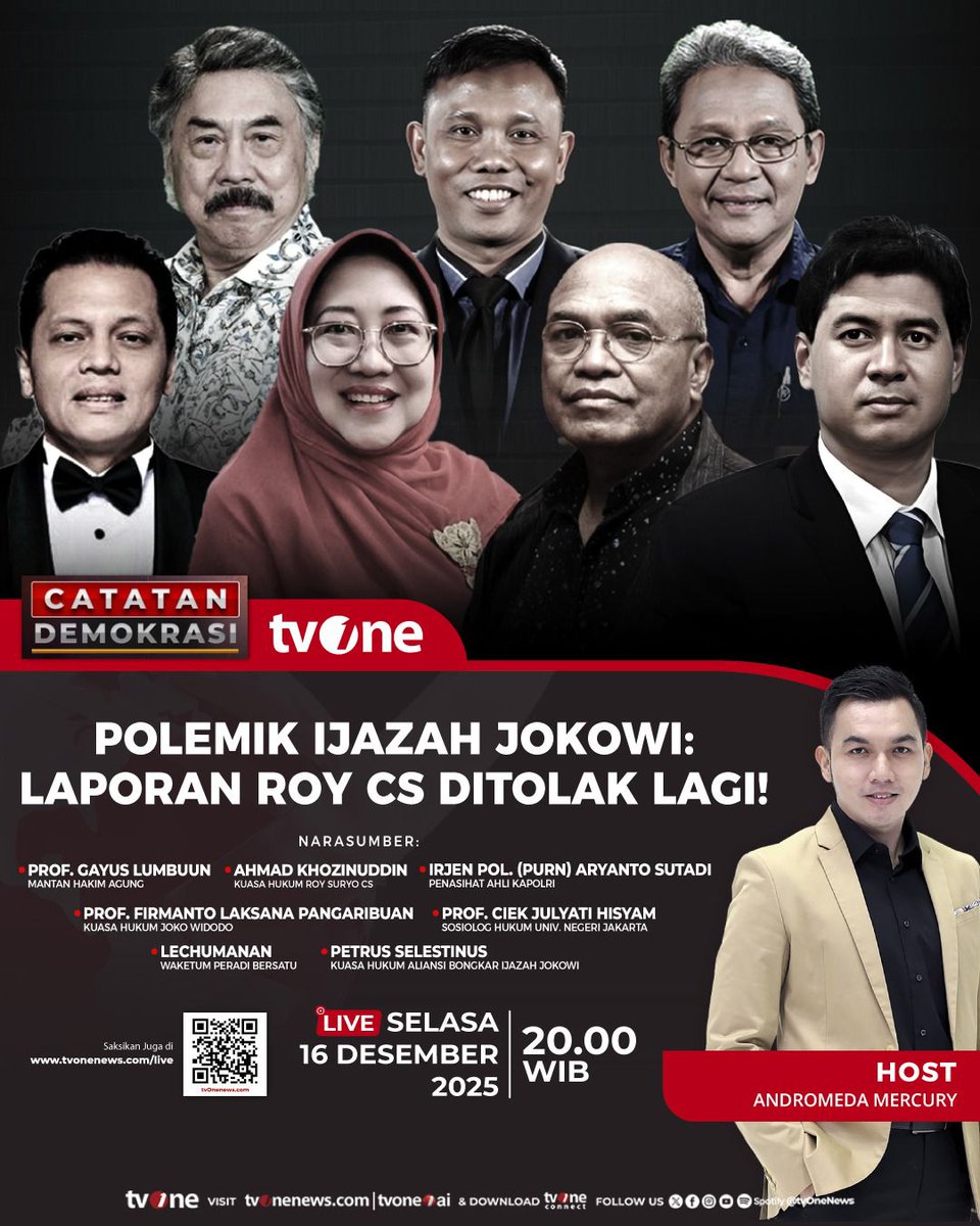 Saksikan Catatan Demokrasi "Polemik Ijazah Jokowi: Laporan Roy Cs Ditolak Lagi", live malam ini pukul 20.00 WIB hanya di tvOne &amp; live streaming tvonenews.com/live

#CatatanDemokrasitvOne #CariBeritaditvOne #PromoFTA