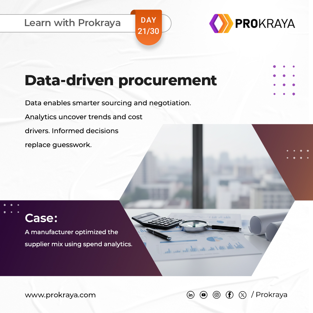 prokraya's tweet image. 𝐃𝐚𝐲 𝟐𝟏/𝟑𝟎 – 𝐃𝐚𝐭𝐚-𝐃𝐫𝐢𝐯𝐞𝐧 𝐏𝐫𝐨𝐜𝐮𝐫𝐞𝐦𝐞𝐧𝐭 

Day 21 is live! Visit our page to see how data transforms decisions. 

Today’s topic covers analytics-driven procurement excellence. 
#DataDrivenProcurement #Analytics #Prokraya #LearnWithProkraya