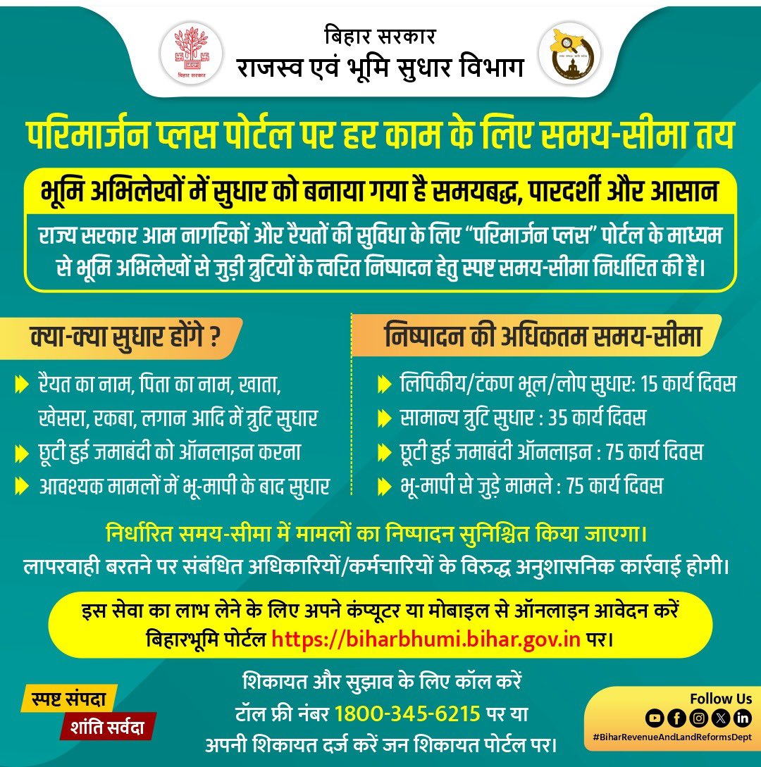 BiharRevenue's tweet photo. राजस्व एवं भूमि सुधार विभाग द्वारा परिमार्जन प्लस पोर्टल पर हर काम के लिए समय-सीमा तय कर दी गई है।
@NitishKumar
@VijayKrSinhaBih
@IPRDBihar
#ParimarjanPlus
#Portal
#TimeLimit
#LandSurvey
#BiharBhumi
#BiharRevenueAndLandReformsDept https://t.co/0hyPhhedtL