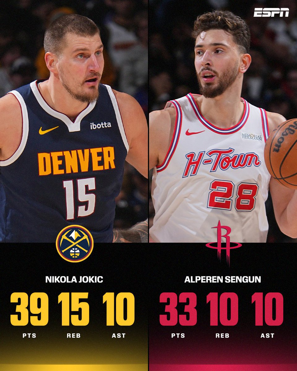 VIDEO GAME NUMBERS BETWEEN JOKIC AND SENGUN π₯
The Nuggets outlast the Rockets in OT βοΈ https://...