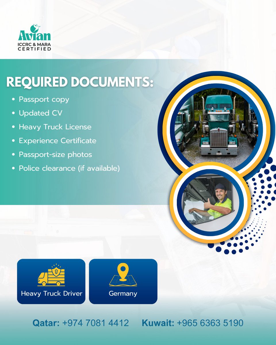 AvianGlobal's tweet photo. Germany is hiring experienced Heavy Truck Drivers.
If you’re looking for a stable long-term career in Europe, this is a real opportunity with approved employers.

📞 Qatar: +974 7081 4412
📞 Kuwait: +965 6363 5190
🌐 https://t.co/8Ast0WQDE6

#GermanyJobs #HeavyTruckDriver https://t.co/Ry2dDl4h0u