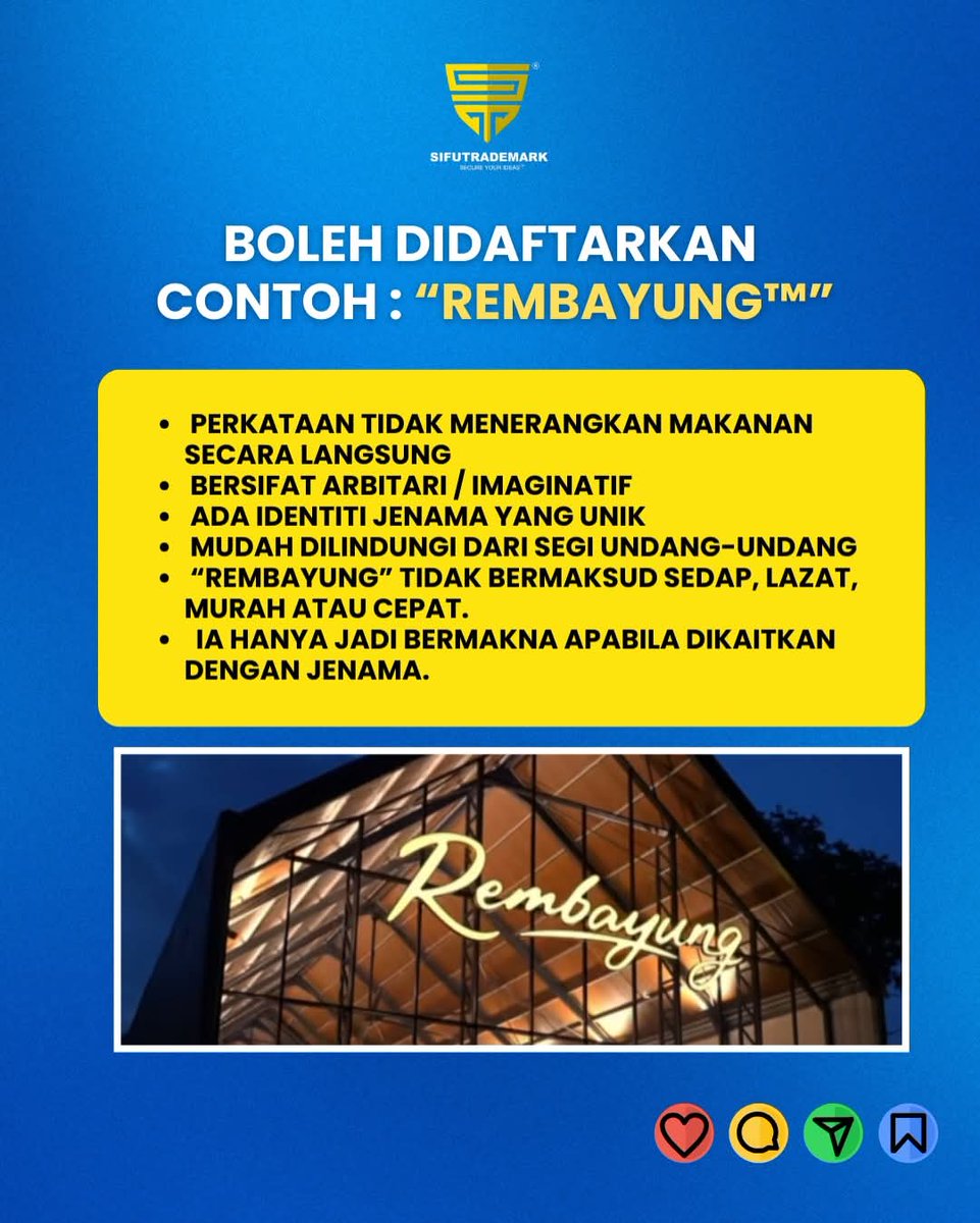 REMBAYUNG by Khairul Aming tengah viral. 

Soalan : boleh ke nama ni daftar trademark?
Jawapan : boleh.

Sebab REMBAYUNG tak describe makanan. Ia cipta rasa, suasana &amp; identiti, bukan menu. 

Dalam trademark, itu yang kuat:
nama yang bila orang nampak, terus fikir SATU jenama.