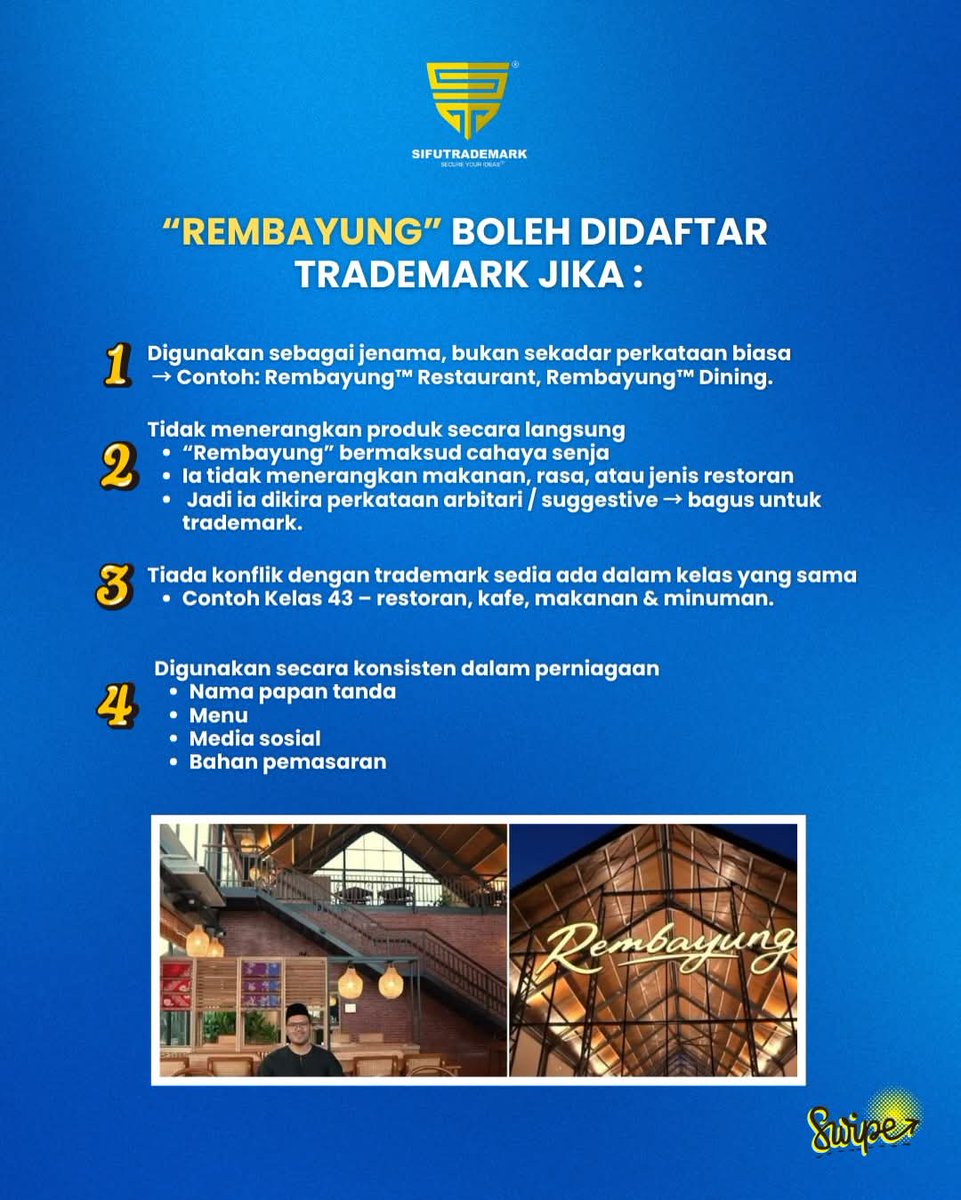 mdazezi1977's tweet photo. REMBAYUNG by Khairul Aming tengah viral. 

Soalan : boleh ke nama ni daftar trademark?
Jawapan : boleh.

Sebab REMBAYUNG tak describe makanan. Ia cipta rasa, suasana &amp; identiti, bukan menu. 

Dalam trademark, itu yang kuat:
nama yang bila orang nampak, terus fikir SATU jenama. https://t.co/OmX577C0sB