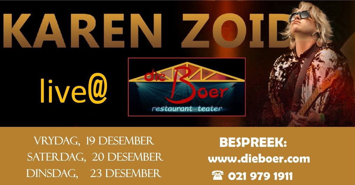 Xtra show 19 Dec!! <a href="/karenzoid/">karen zoid</a> &amp; Anton Eloff (piano) at <a href="/dieboerteater/">Die Boer Teater</a>  restaurant in Durbanville: 19, 20, 23 Dec. Book: 021 979 1911 or dieboer.com
<a href="/TheatreSceneCpt/">Theatre Scene Cape Town</a> <a href="/Roekeloos/">Roekeloos</a> <a href="/CapeTown/">ᑕᗩᑭE TOᗯᑎ</a> <a href="/CapeTownEtc/">Cape {town} Etc</a> <a href="/TheatreSceneCpt/">Theatre Scene Cape Town</a> <a href="/KFMza/">kfmza</a> <a href="/capegigs/">Cape Gigs</a>