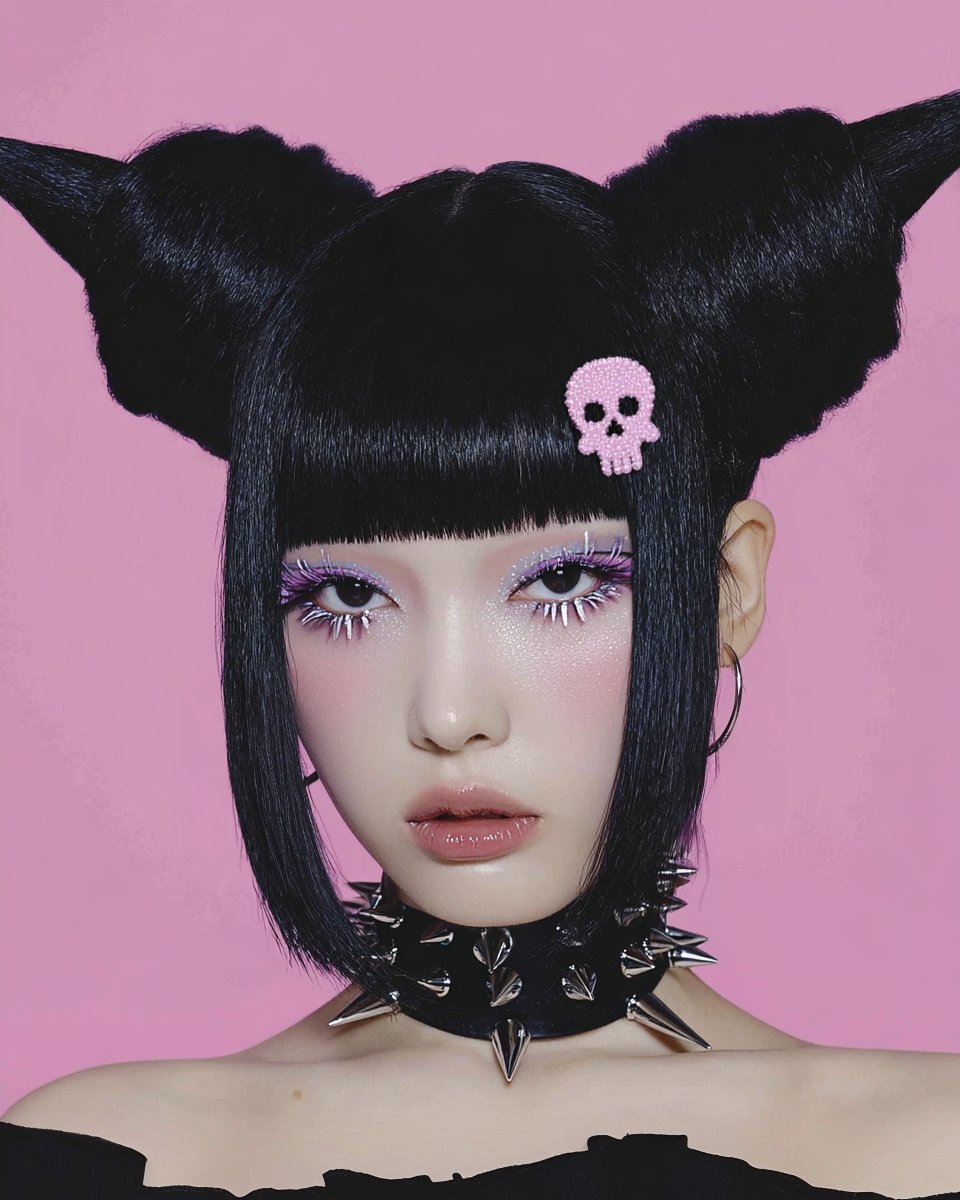 ufofiai's tweet photo. 💀Kuromi inspired hair and makeup looks🖤💜💖
#sanrio #kuromi #hellokitty https://t.co/o1JUcWT5t8