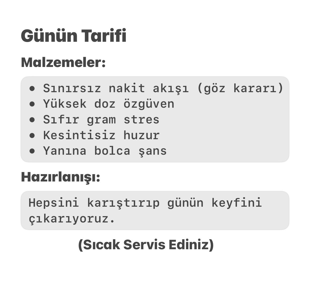 tarif bizden uygulaması evrenden 💅

bunu okuyan herkesin siparişi an itibarıyla işleme alınmıştır

afiyet olsun vee günaydın!