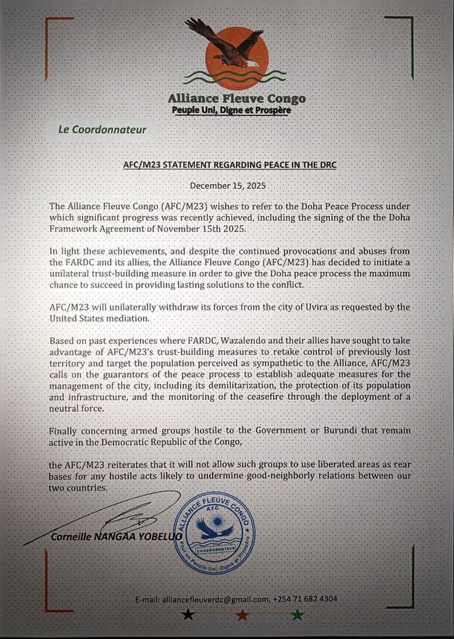 #RDC: Urgent ‼️🚨🛑 “L'AFC/M23 retirera unilatéralement ses forces de la ville d'#Uvira, comme l'a demandé la médiation américaine” <a href="/CNangaa/">Corneille Nangaa</a> Mais pose aussi des conditions 👇🏻