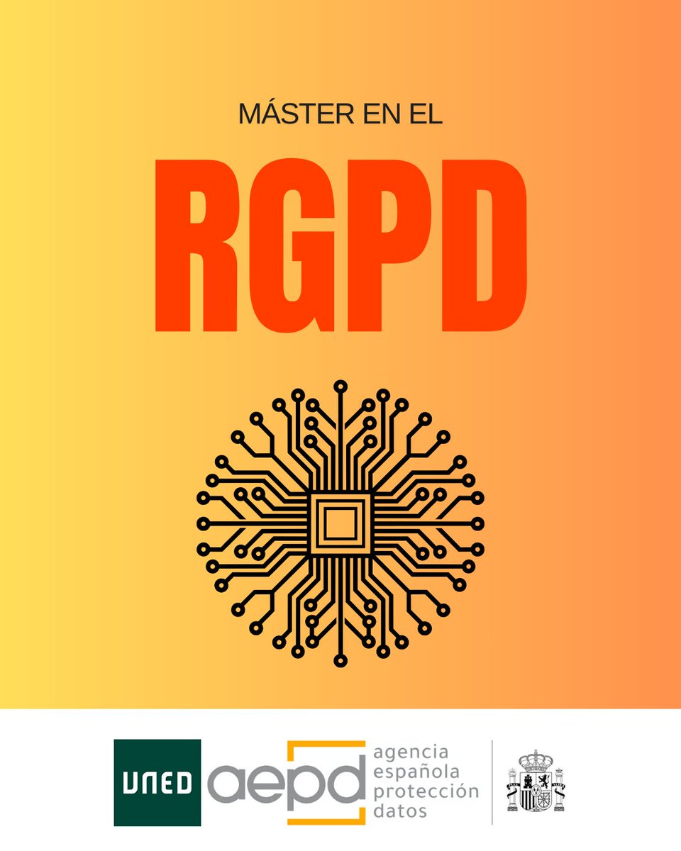 Últimos días de matrícula
El Máster en #RGPD - UNED se imparte en colaboración directa con la <a href="/AEPD_es/">Agencia Española de Protección de Datos</a>, autoridad competente en protección de datos en España. Formación rigurosa, aplicada y de referencia.
reglamentodatos.com
#ProtecciónDeDatos #Privacidad #DPO <a href="/FundacionUNED/">Fundación UNED</a>
