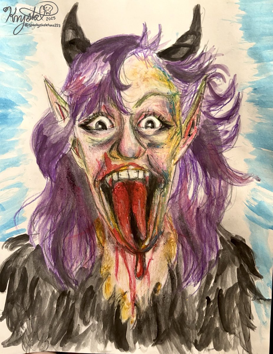 I made myself into a Krampus! 
#traditionalart #watercolor #oilpastels #drawing #multimedia #selfportrait