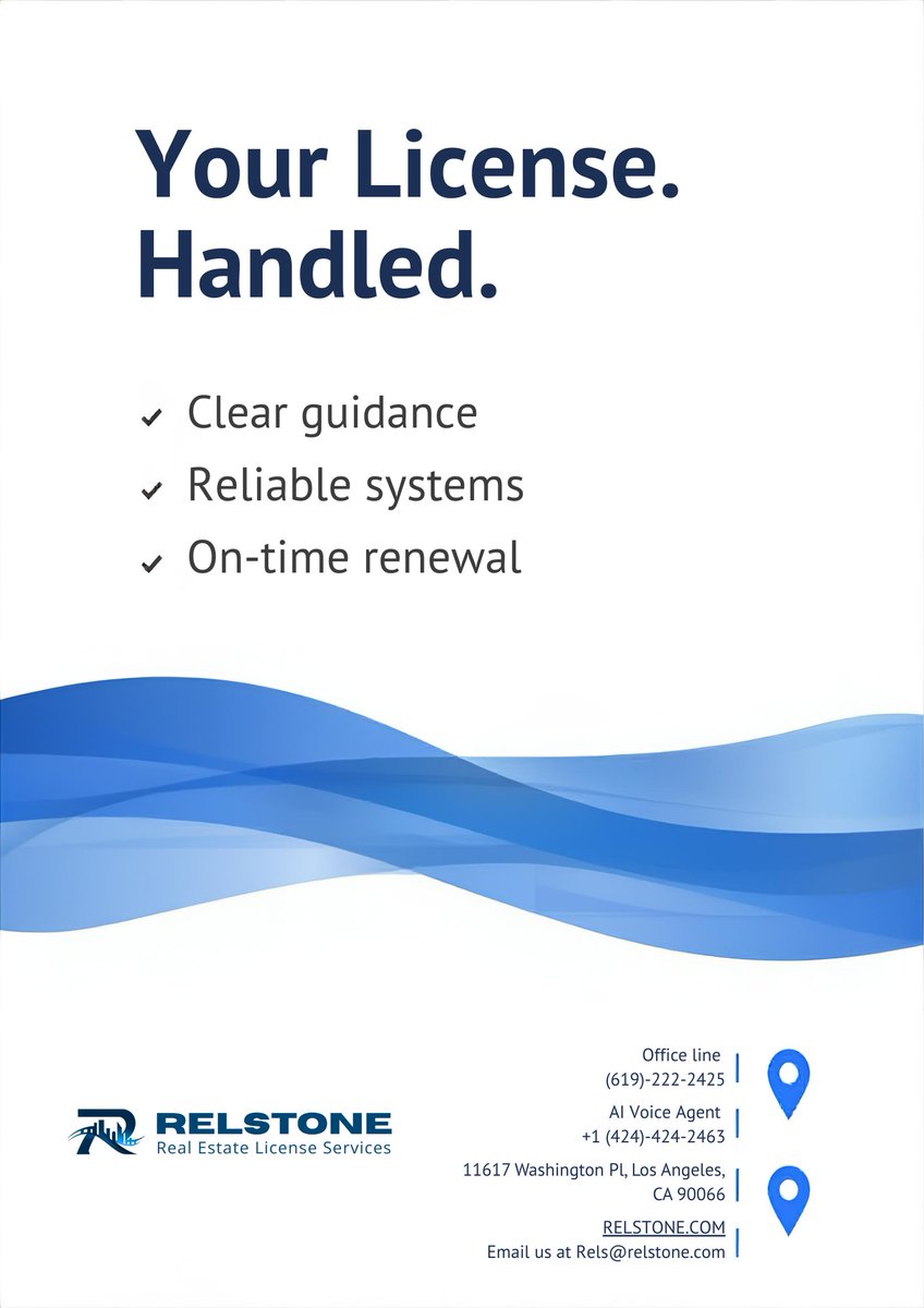 CARELicandIns's tweet photo. RELSTONE handles your license with clear guidance, reliable systems, and on-time renewal stress-free and professional.
🌐 https://t.co/3u7p52z9ee
📧 Rels@relstone.com
🤖 +1 (424) 424-2463
📞 (619)-222-2425
📍 11617 Washington Pl, Los Angeles, CA 90066
#RELSTONE #LicensingMadeEasy https://t.co/G7P0dbEuIQ