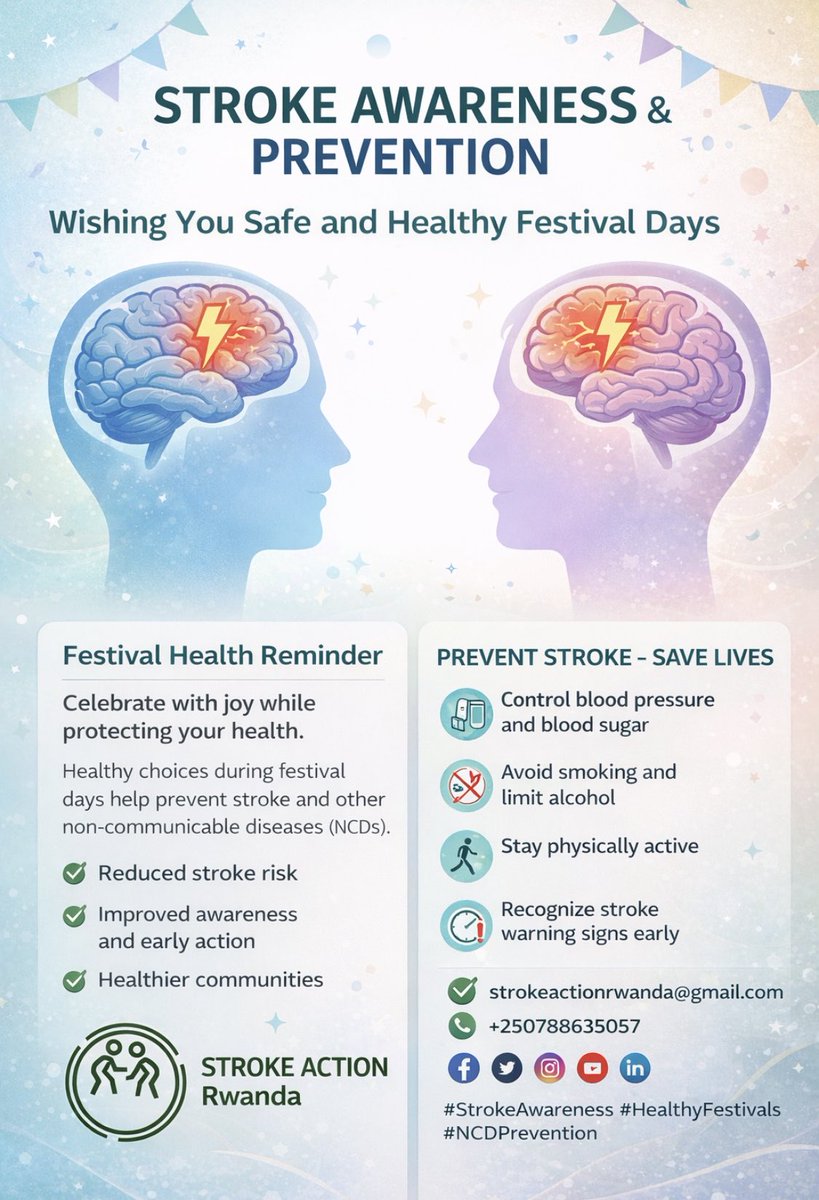 strokeaction_RW's tweet image. As we celebrate the festive season, let us also prioritize our health. Simple, informed choices, such as managing blood pressure, staying active, and recognizing stroke warning signs early, help protect lives and strengthen healthier, more resilient communities.
#StrokeAwareness