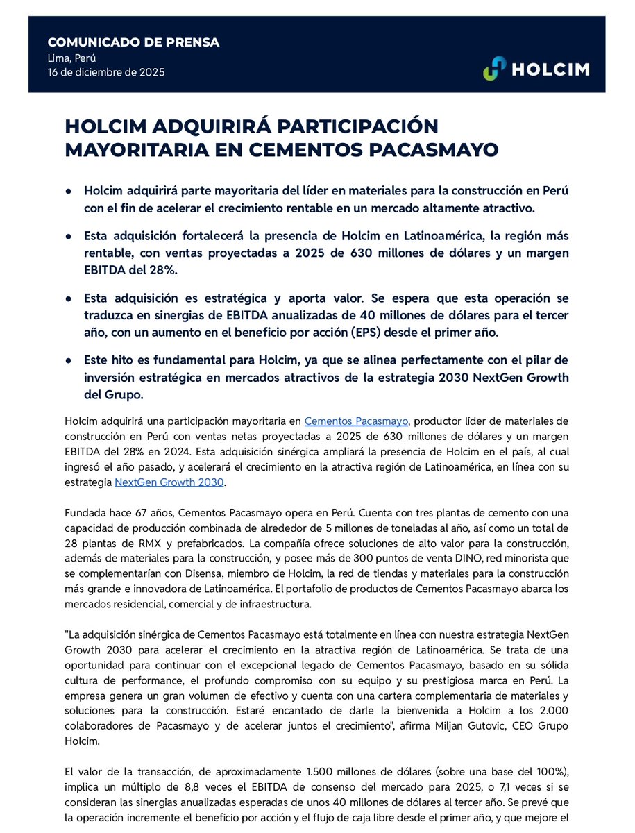 #URGENTE ¡Bomba en el mercado de materiales de construcción! La cementera suiza Holcim ha comprado Cementos Pacasmayo, de la familia Hochschild, por US$1,500 millones. 

Pacasmayo domina todo el norte del país. Holcim había llegado a Perú hace un año comprando Comacsa y Mixercon.