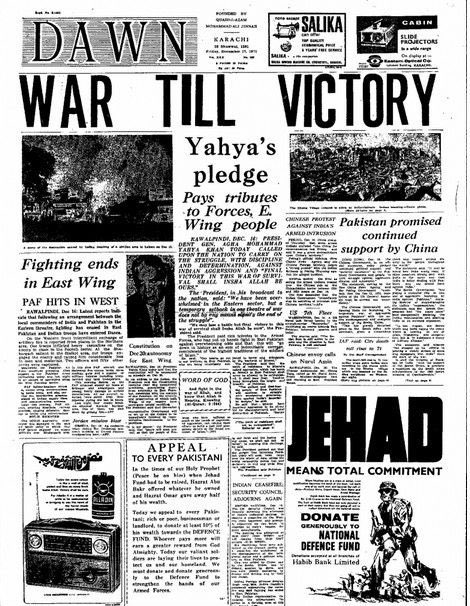 husainhaqqani's tweet photo. Annual reminder to Pakistanis: Narrative is not a substitute for reality. Front page of Dawn on Dec 17, 1971 - the day after troops surrendered at Dhaka to joint forces of India &amp; Bangladesh -promised a victory that never came.  #Pakistan #Bangladesh #VictoryMonday https://t.co/XHrPtNr5rH
