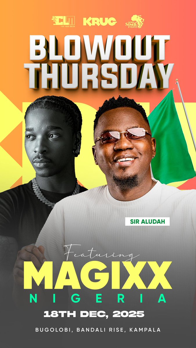 kusasirajoan1's tweet photo. Blowout Thursday energy loading 
Nigeria’s MAGIXX is set to light up the stage at @krug_ug with nothing but hits and heavy vibes.

📅 18th Dec, 2025
📍 Bugolobi, Bandali Rise — Kampala

Pull up, turn up, and let the night do the rest https://t.co/gTHyi3yjr6