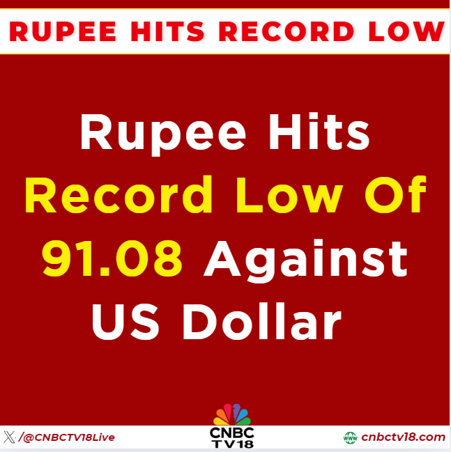 CNBCTV18Live's tweet photo. #CNBCTV18Market | #Rupee slides further, reaches all-time low of 91.08 against the #USDollar https://t.co/H1efYvw6wO