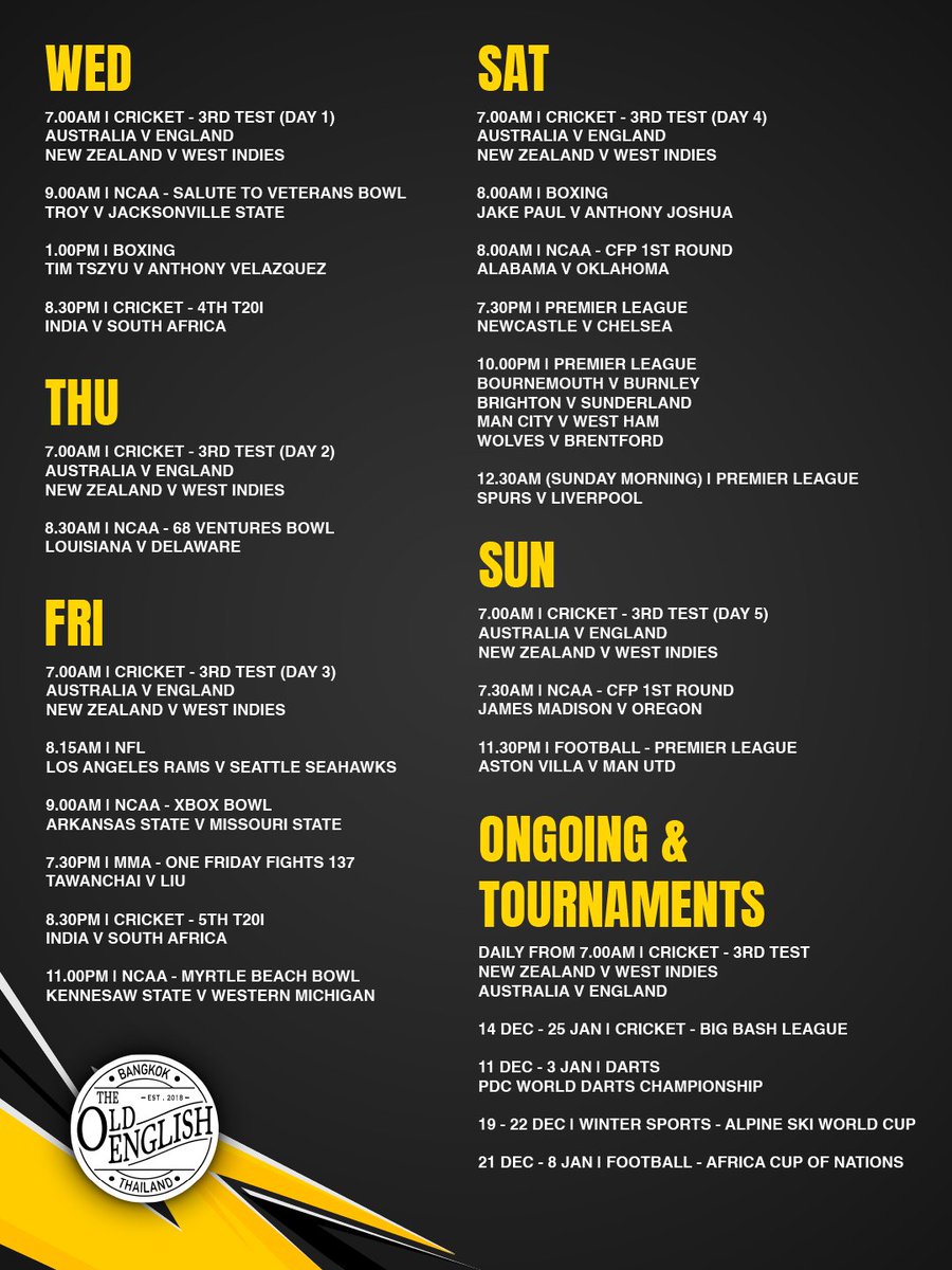 If your plan was to be productive, sorry about that 😄
This week's Sports schedule for you fanatics out there 🍻

Pick a match or just camp here all day. No judgment, just the occasional eye-contact….
📍 maps.app.goo.gl/nBLwBozdPPBp5J…
🌐 oldenglishpubbangkok.com/sports/

#OldEnglishBKK #Bangkok