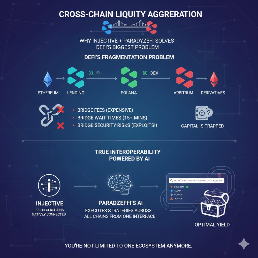 BuddyBuilderr's tweet image. Cross-chain liquidity aggregation: Why @injective + @ParadyzeFi solves DeFi's biggest problem 

DeFi's fragmentation problem: Best lending rate on Ethereum, best DEX on Solana, best derivatives on Arbitrum. Your capital is trapped on one chain. Moving between them means:
- Bridge…