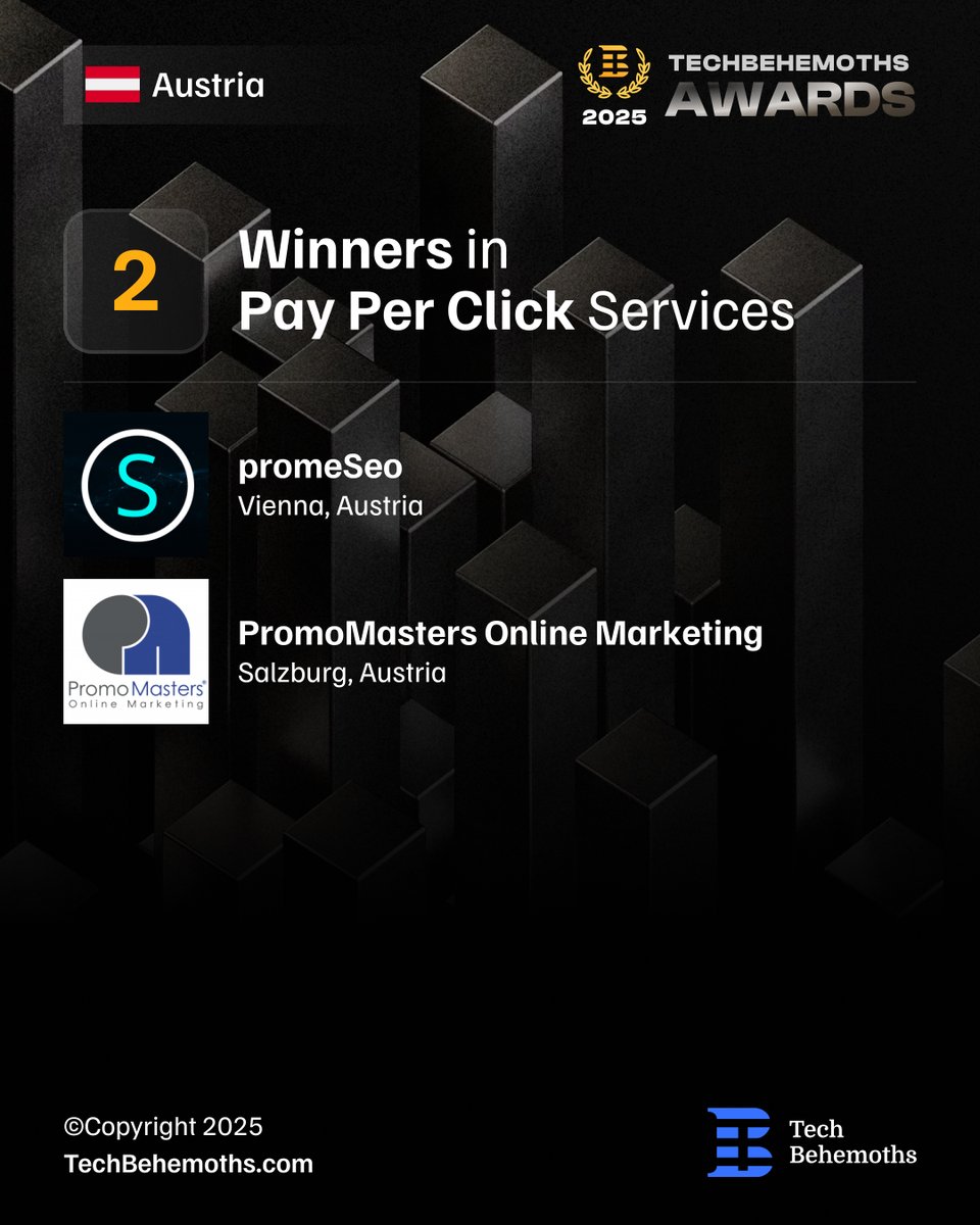 TechBehemoths's tweet photo. 🇦🇹 Austria at the TechBehemoths Awards 2025

With 8 companies recognized across 10 IT service categories, Austria proves its growing influence in the global digital landscape.

HERE ARE THE WINNERS:
@9YAgency 
@QualysoftGmbH
@digitalego_io 
@SeoProme
@promomasters 
@SPiNNWERK 
Studio Craft Design
influData

🏆 From Custom Software Development and React.js to Web Design, WordPress, E-Commerce, SEO, PPC, SMM, Branding, and Advertising, these teams are driving innovation and delivering solutions that make an impact.

Explore all winners: https://t.co/kfkxVc06GI

#TechBehemoths #Awards2025 #Austria #B2B #DigitalInnovation #TechExcellence #ITServices