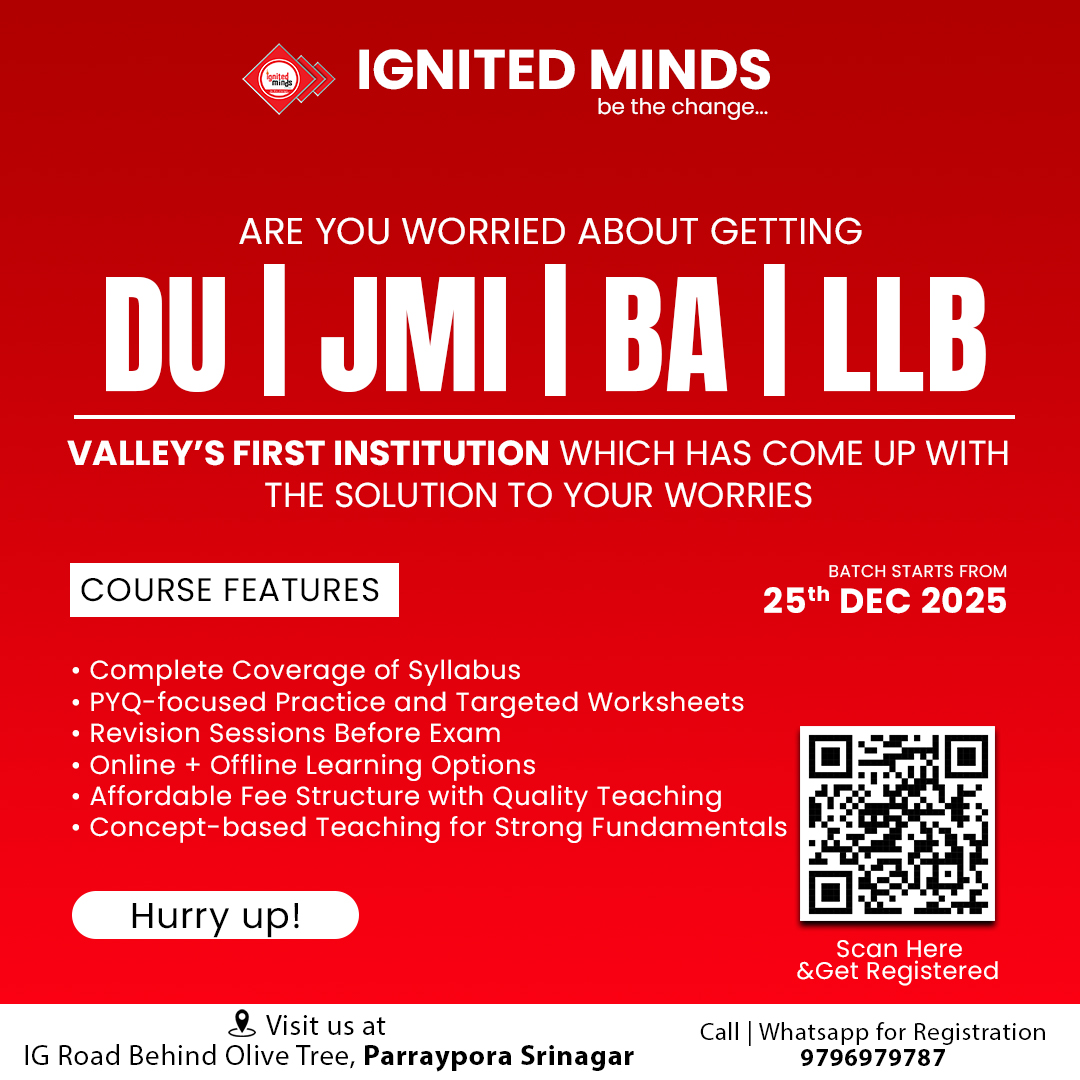 imindsofficial's tweet photo. Worried about DU | JMI | BA LLB Admissions? ⚖️📚
Your solution is here with Ignited Minds — Valley’s first institute offering focused preparation with complete syllabus coverage, PYQ-based practice, expert guidance, and concept-driven teaching.
📅 Batch starts: 25th Dec 2025 https://t.co/nCya1Awvdj