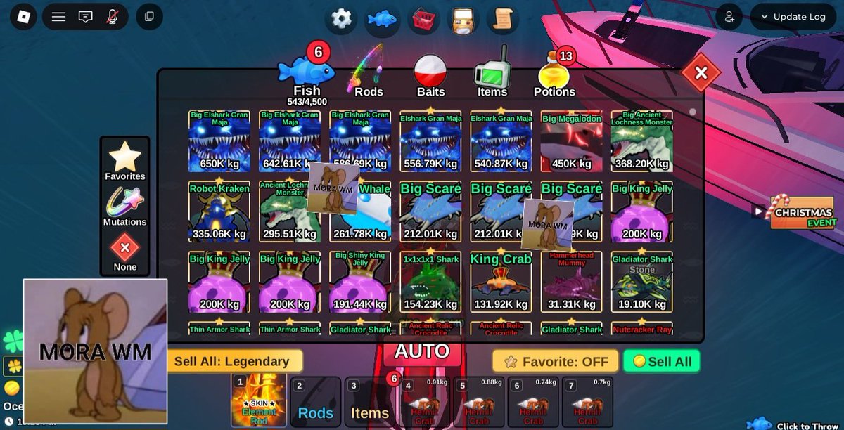 wts ikan fish it

koin 2.5k/m
megalodon (maxton) 23k
big elshark gran maja (maxton) 20k
big elshark gran maja 18k
elshark gran maja 15k 
big anchient lochness monster 20k
robot kraken 8k
bone whale 5k
big king jelly (maxton) 10k
king crab 5k
1x1x1 shark 10k

#zonauang avail qris