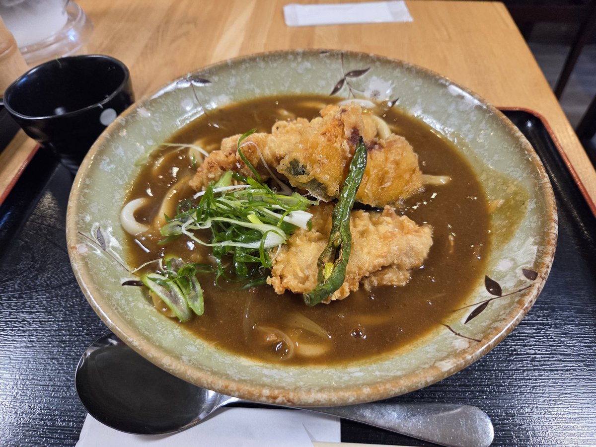 大阪の出汁が効いたカレーうどんで、暖まりました。鶏天とかぼちゃ天が存在感をアピールしています。