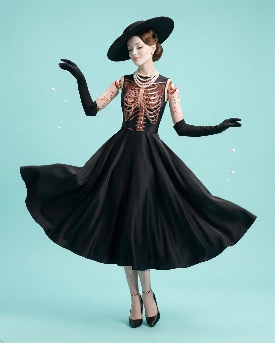 ✨ Good morning, beautiful artist fam ✨

" Breakfast at Tiffany's: Reimagined "
When elegance becomes machinery and pearls replace bones. Holly Golightly reimagined in mechanical baroque - beautiful, untouchable, and running on dreams she'll never afford. 💎🖤 

#NARIVision