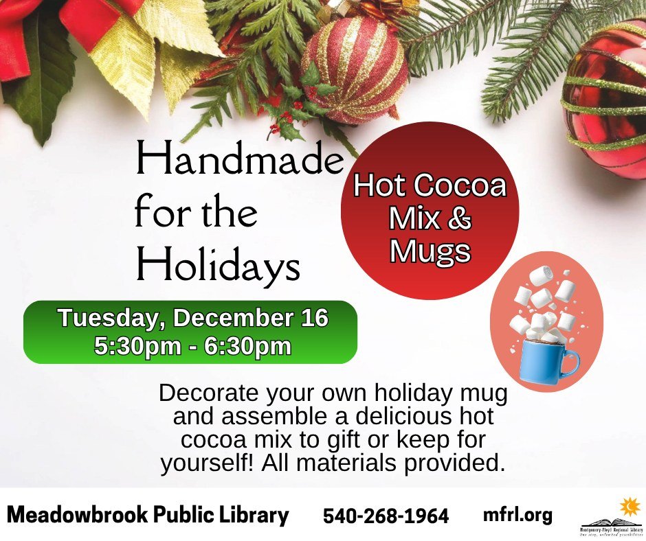 Next3Days's tweet image. Tuesday Library Fun:
• December Coffee Club for Adults Ages 50 &amp;amp; Up at 10AM at Radford Public Library
• Holiday Homeschool Social and Cookie Swap at the Jessie Peterman Memorial Library #floydva, 1pm
• Holiday Book Club at Dublin Library, 2-3:30pm
• Make Hot Cocoa Mix &amp;amp; Mugs
