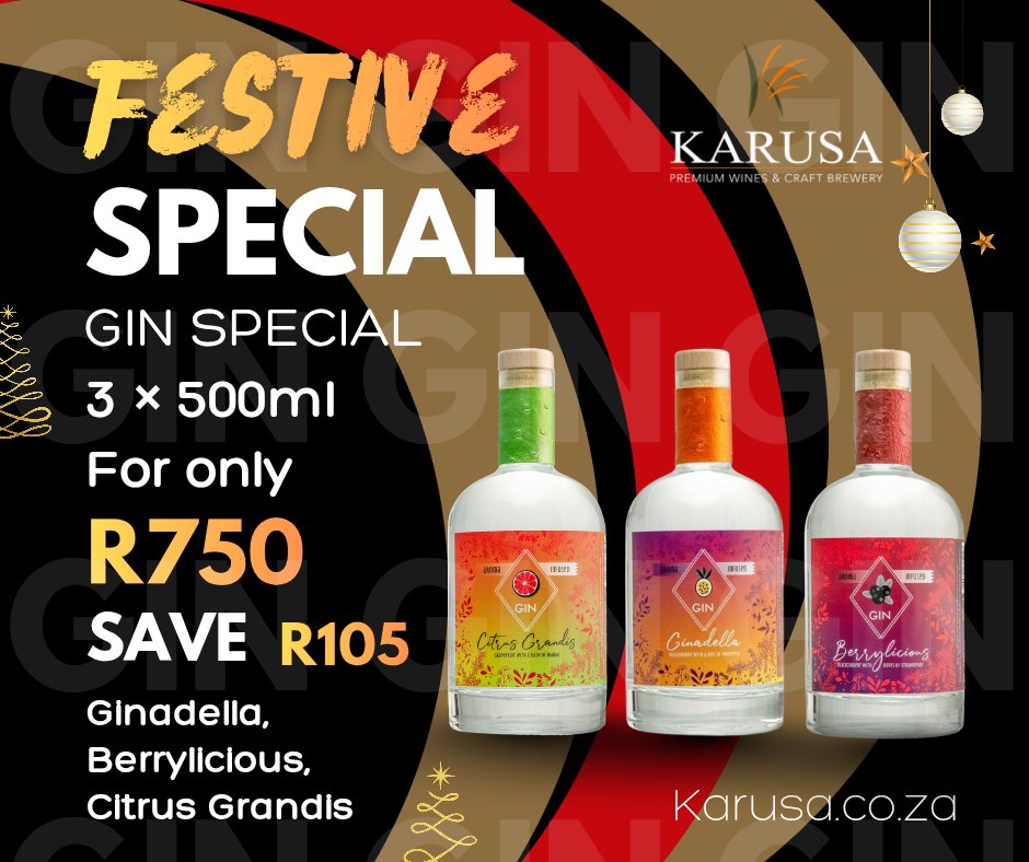 FriendsofKarusa's tweet photo. Explore Karusa's Gin-tastic deal! 🍸✨

Our Karusa Cocktail Gins are on special: Get any 3 x 500ml (Berrylicious, Ginadella, or Citrus Grandis) for only R750 – Save R105!

* Shop this deal:
https://t.co/o3pP00V8tb https://t.co/MVpfToMqRm